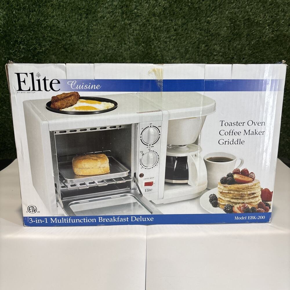 Elite Cuisine 3-in-1 Breakfast Deluxe Toaster Oven Coffee Maker Griddle EBK-200
